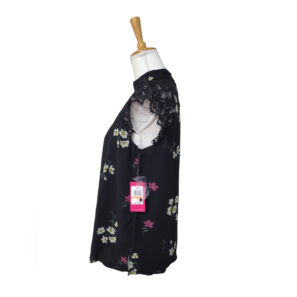 VINCE CAMUTO SHIRT WOMENS SIZE SMALL RICH BLACK FLORAL BLOUSE RAGLAN SLEEVE TOP - Picture 3 of 10
